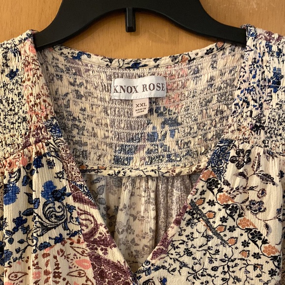 Knox Rose Floral Smocked Faux Wrap Top Blouse Long Sleeve Rayon Size XXL - Picture 2 of 11